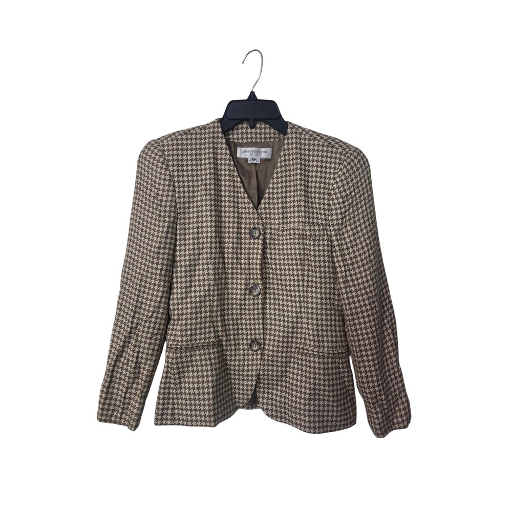 Jones New York Petite Brown Houndstooth Collarless Blazer Jacket Size 6P Vintage